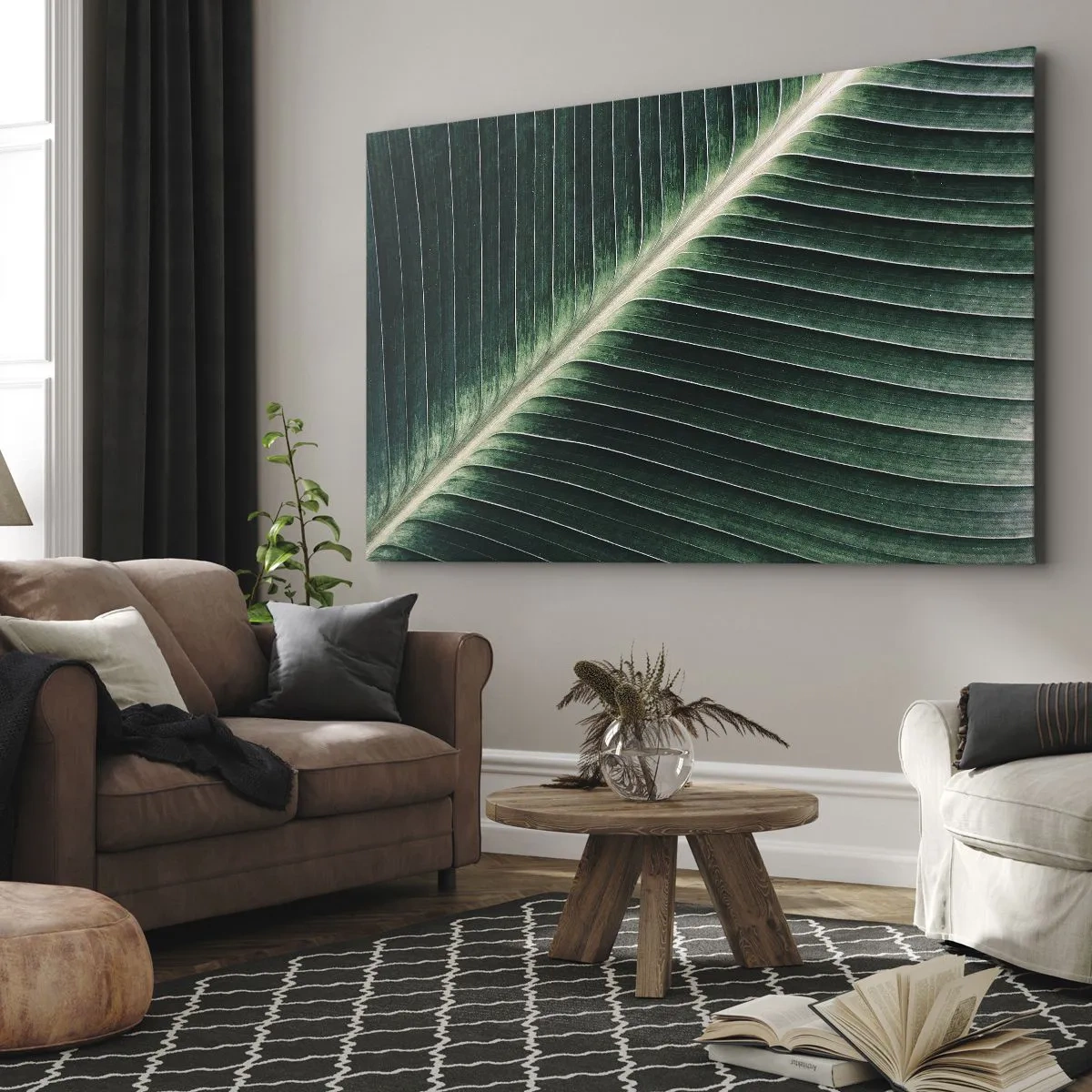 Obraz na płótnie - Struktura zielonego liścia w zbliżeniu - 100x70cm - Rytm natury - Nowoczesna dekoracja ścienna do salonu, kuchni i sypialni ARTTOR
