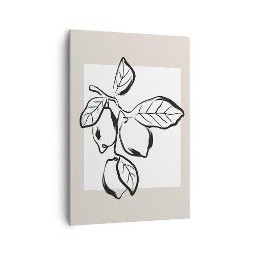 Obraz na płótnie - Minimalistyczna ilustracja cytryn na gałązce w czerni i bieli - 70x100cm - Gdzie cytryna dojrzewa… - Nowoczesna dekoracja ścienna do salonu i sypialni ARTTOR