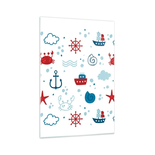 Obraz na szkle - Morski wzór z kotwicami, statkami i krabami - 70x100cm - Morska bajka - Nowoczesna dekoracja ścienna do salonu i sypialni ARTTOR