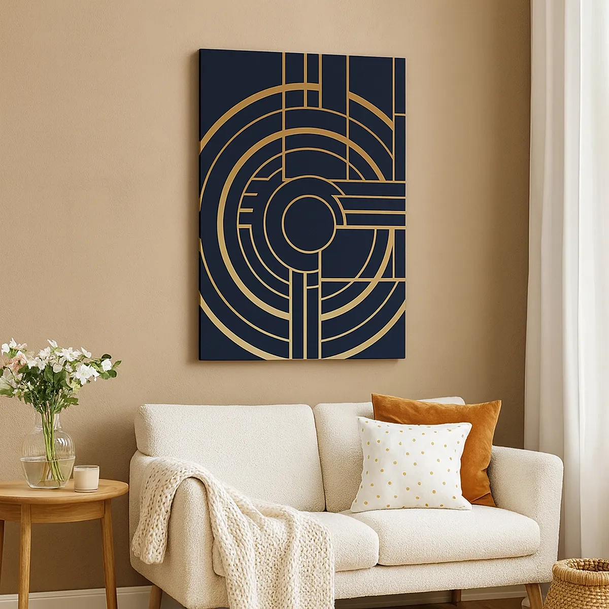 Obraz na płótnie - Geometryczna kompozycja w stylu art déco z złotymi liniami na ciemnym tle - 50x70cm - Obroty rzeczy - Nowoczesna dekoracja ścienna do salonu, kuchni i sypialni ARTTOR