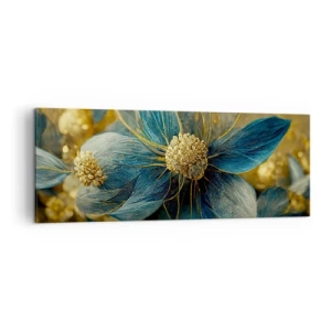 Obraz na płótnie - Eleganckie kwiaty w odcieniach niebieskiego i złota - 140x50cm - Zakwitnąć złotem - Nowoczesna dekoracja ścienna do salonu i sypialni ARTTOR