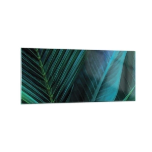 Obraz na szkle - Zbliżenie na tropikalne zielone liście - 120x50cm - Anatomia zieleni - Nowoczesna dekoracja ścienna do salonu i sypialni ARTTOR