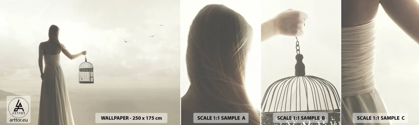 Fototapeta Próbka Samoprzylepna Deluxe Sticker - Bądź wolna - Kobieta, Klatka Dla Ptaka, Ptak - 100x30 cm