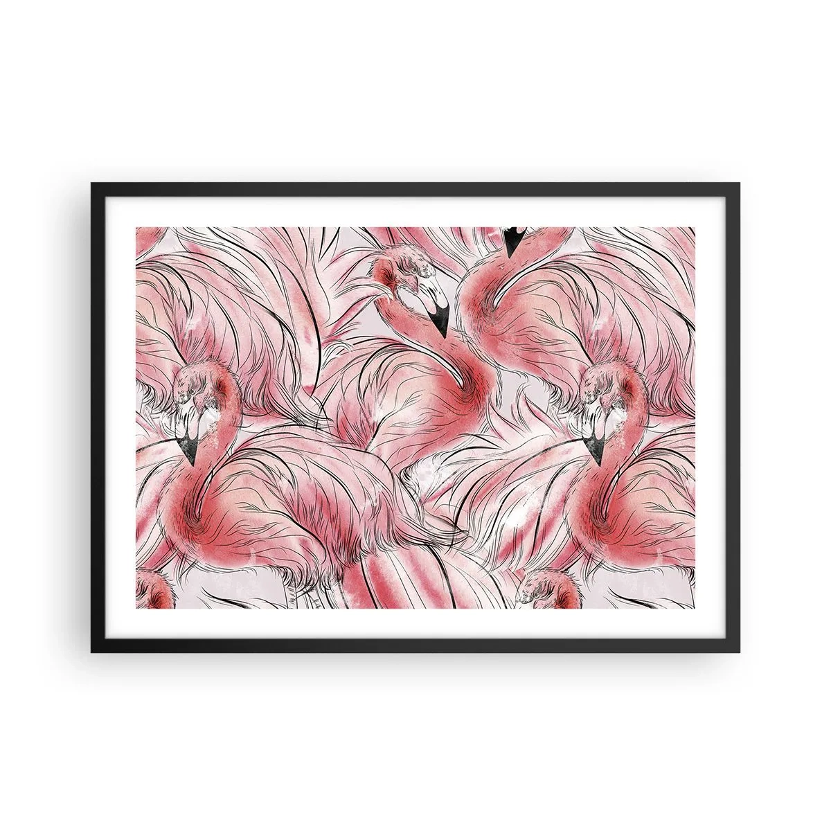 Plakat w czarnej ramie - Delikatne rysunki różowych flamingów - 70x50cm - Ptasi corps de ballet - Nowoczesna dekoracja ścienna do salonu i sypialni ARTTOR