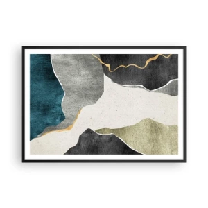 Plakat w czarnej ramie - Geometryczne formy w odcieniach szarości, zieleni i złota - 100x70cm - Mozaikowa kompozycja z nitką złota - Nowoczesna dekoracja ścienna do salonu i sypialni ARTTOR