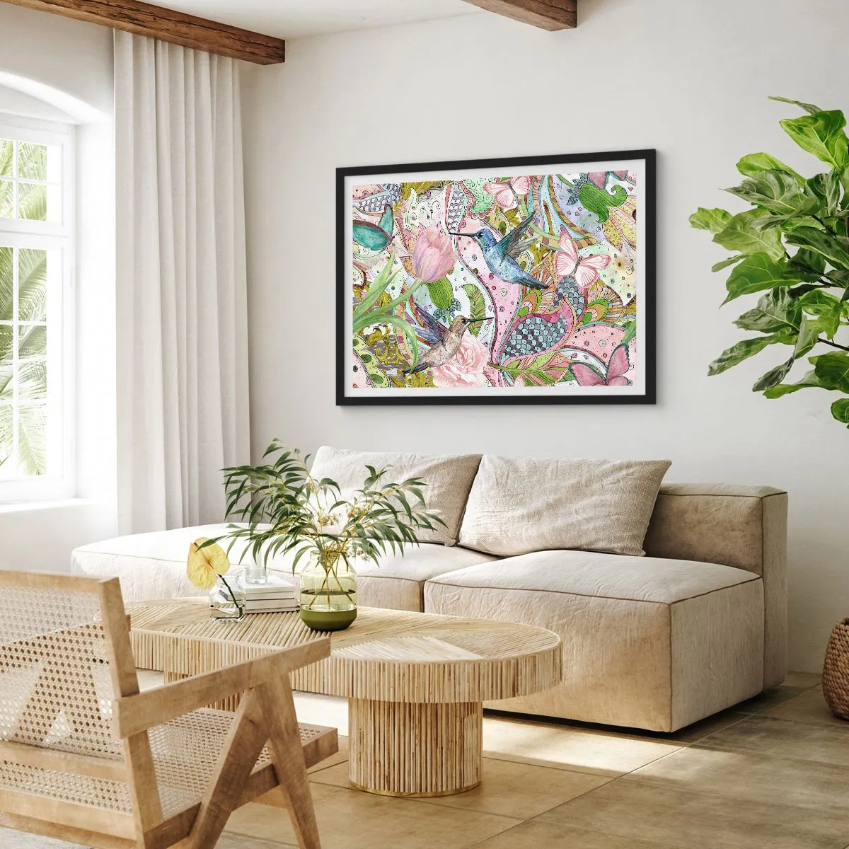 Plakat w czarnej ramie - Kolorowe kolibry i motyle wśród roślin - 70x50cm - Wplątane w pnączach - Nowoczesna dekoracja ścienna do salonu i sypialni ARTTOR
