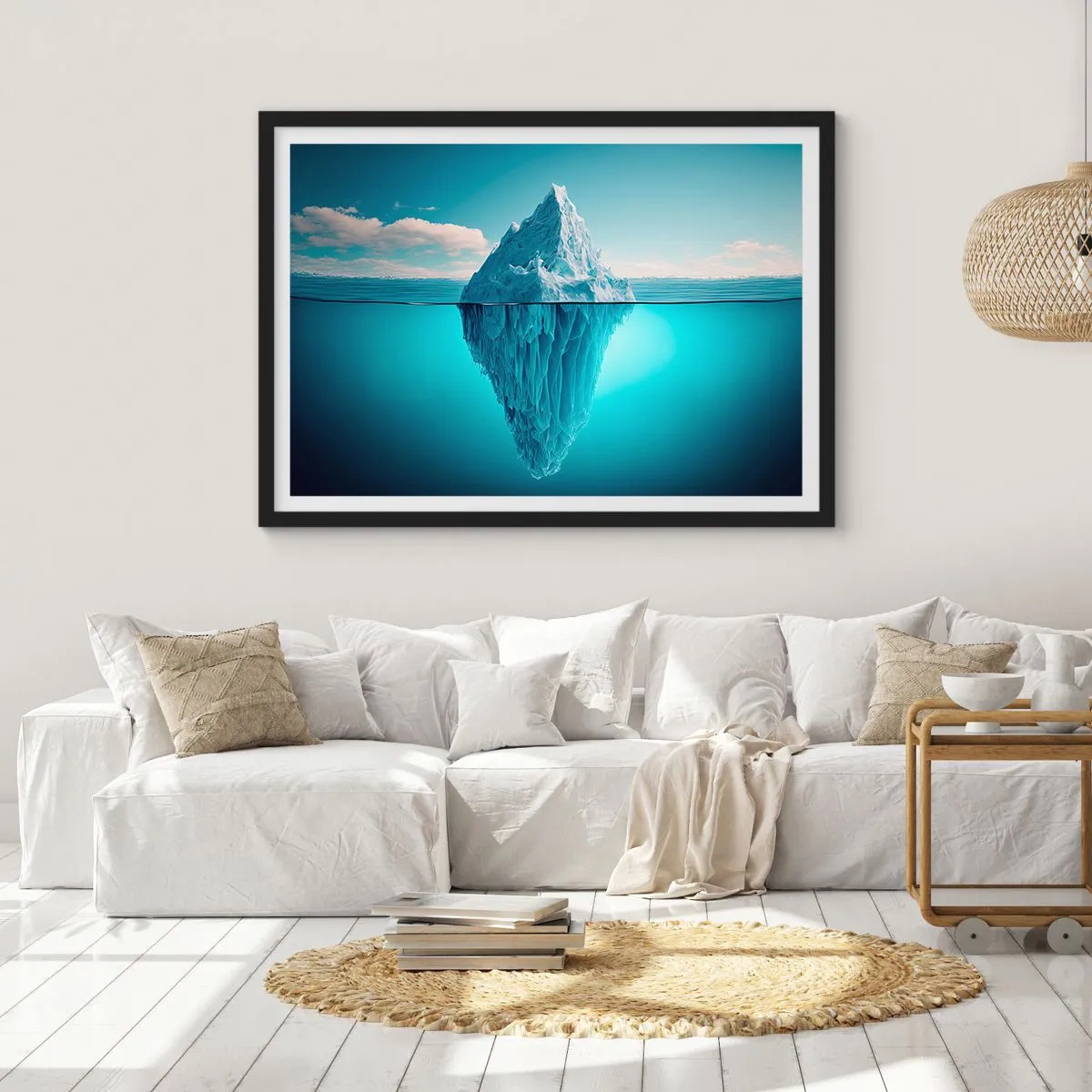 Plakat w czarnej ramie - Góra lodowa widoczna nad i pod powierzchnią wody - 70x50cm - Królowa lodu - Nowoczesna dekoracja ścienna do salonu i sypialni ARTTOR