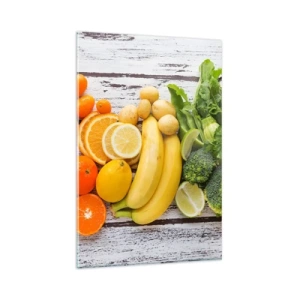 Obraz na szkle - Kolorowe owoce i warzywa na drewnianym tle - 80x120cm - To nie wystarczy? - Nowoczesna dekoracja ścienna do salonu i sypialni ARTTOR