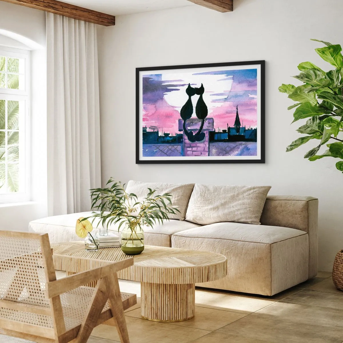 Plakat w czarnej ramie - Czarne koty na dachu w świetle księżyca w akwarelowej scenerii - 70x50cm - Rendez-vous pod księżycem - Nowoczesna dekoracja ścienna do salonu i sypialni ARTTOR