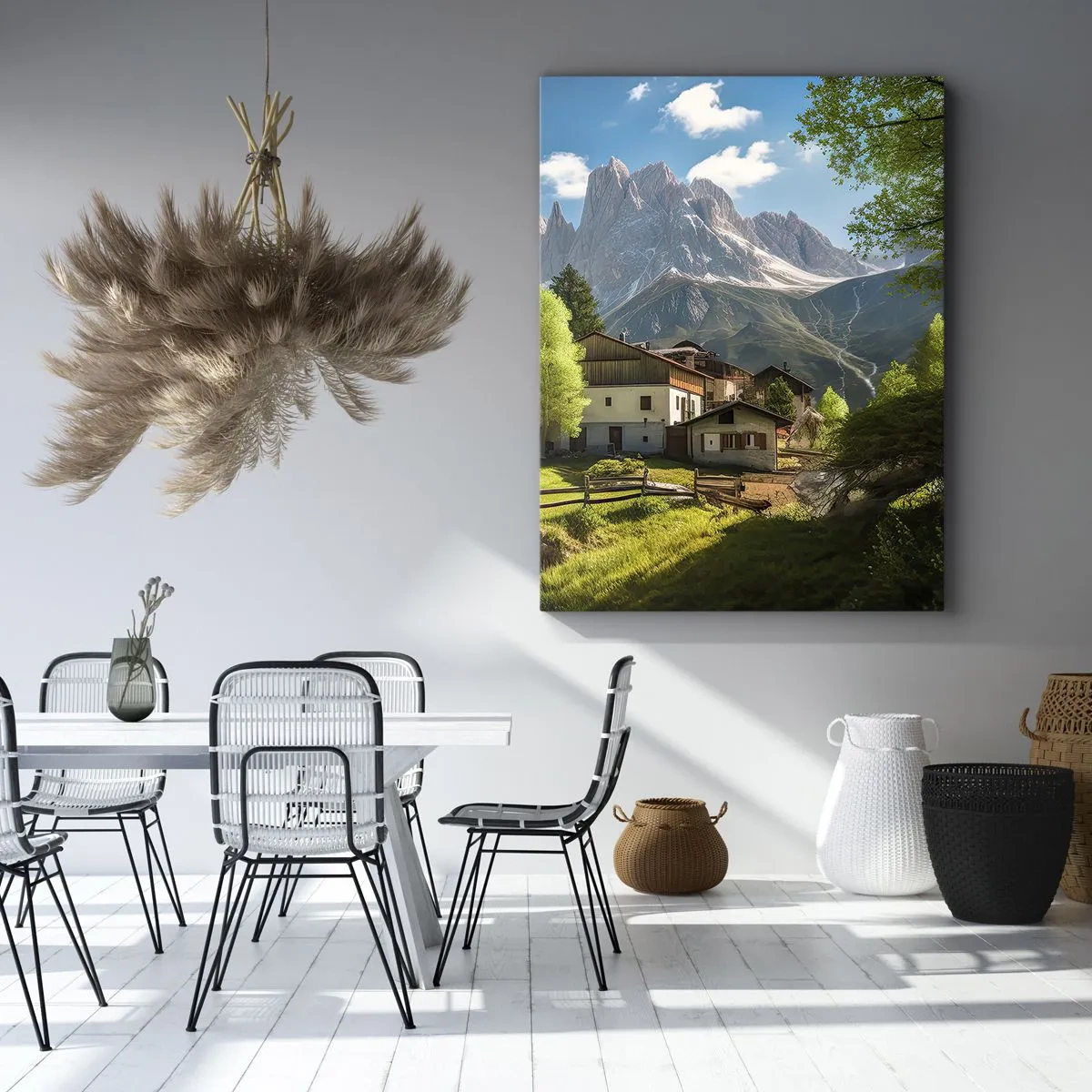 Obraz na płótnie - Malownicza górska wioska otoczona zielenią i majestatycznymi szczytami - 50x70cm - Alpejska sielanka - Nowoczesna dekoracja ścienna do salonu, kuchni i sypialni ARTTOR