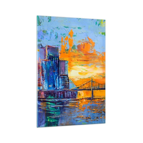 Obraz na szkle - Kolorowe miasto z mostem w zachodzącym słońcu - 70x100cm - Kultura i natura - Nowoczesna dekoracja ścienna do salonu i sypialni ARTTOR