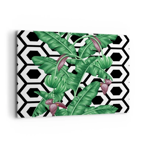 Obraz na płótnie - Tropikalne liście na geometrycznym tle - 100x70cm - Kompozycja symetryczna z natury - Nowoczesna dekoracja ścienna do salonu, kuchni i sypialni ARTTOR