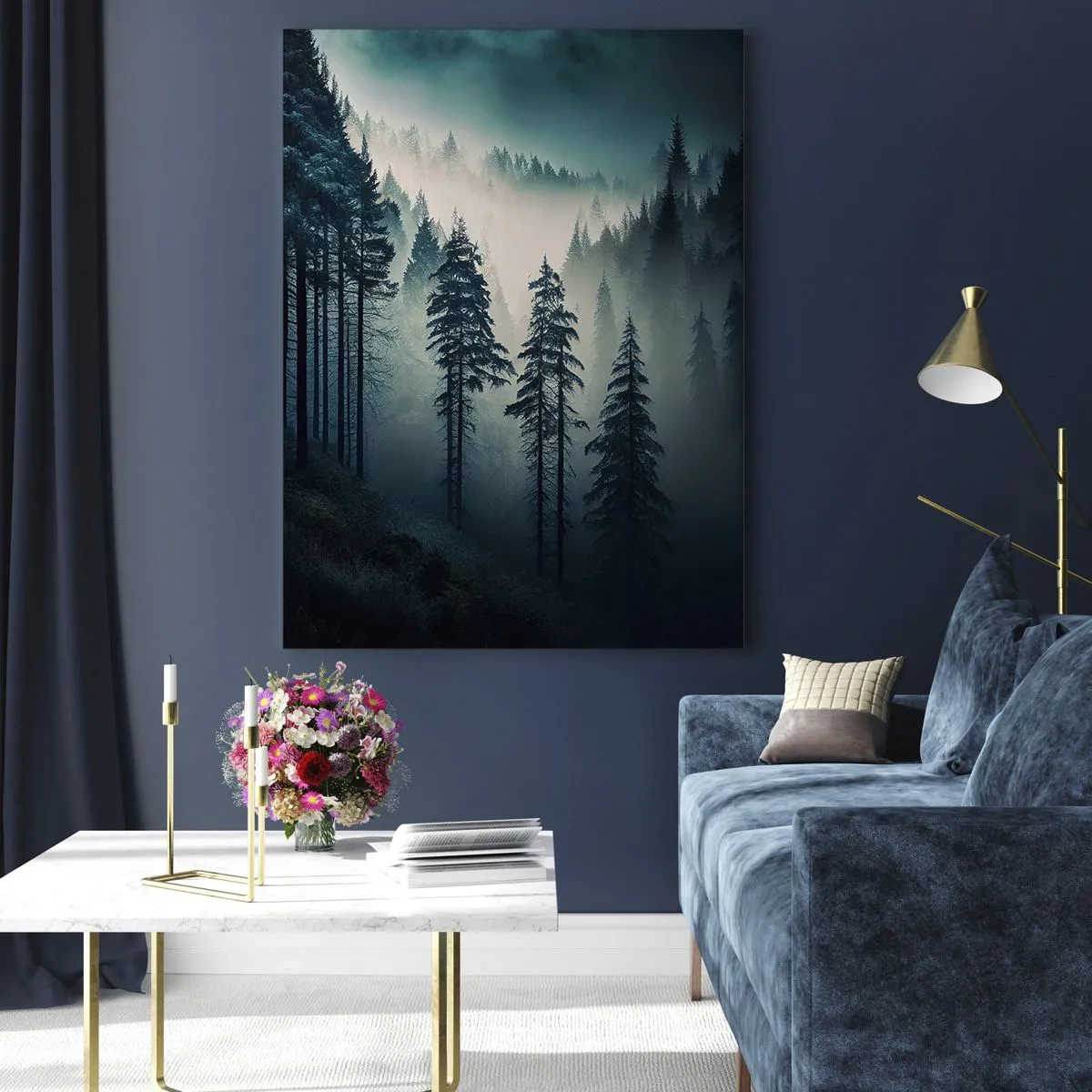 Obraz na szkle - Górski las spowity mgłą w odcieniach niebieskiego i zieleni - 80x120cm - Górski poranek - Nowoczesna dekoracja ścienna do salonu i sypialni ARTTOR