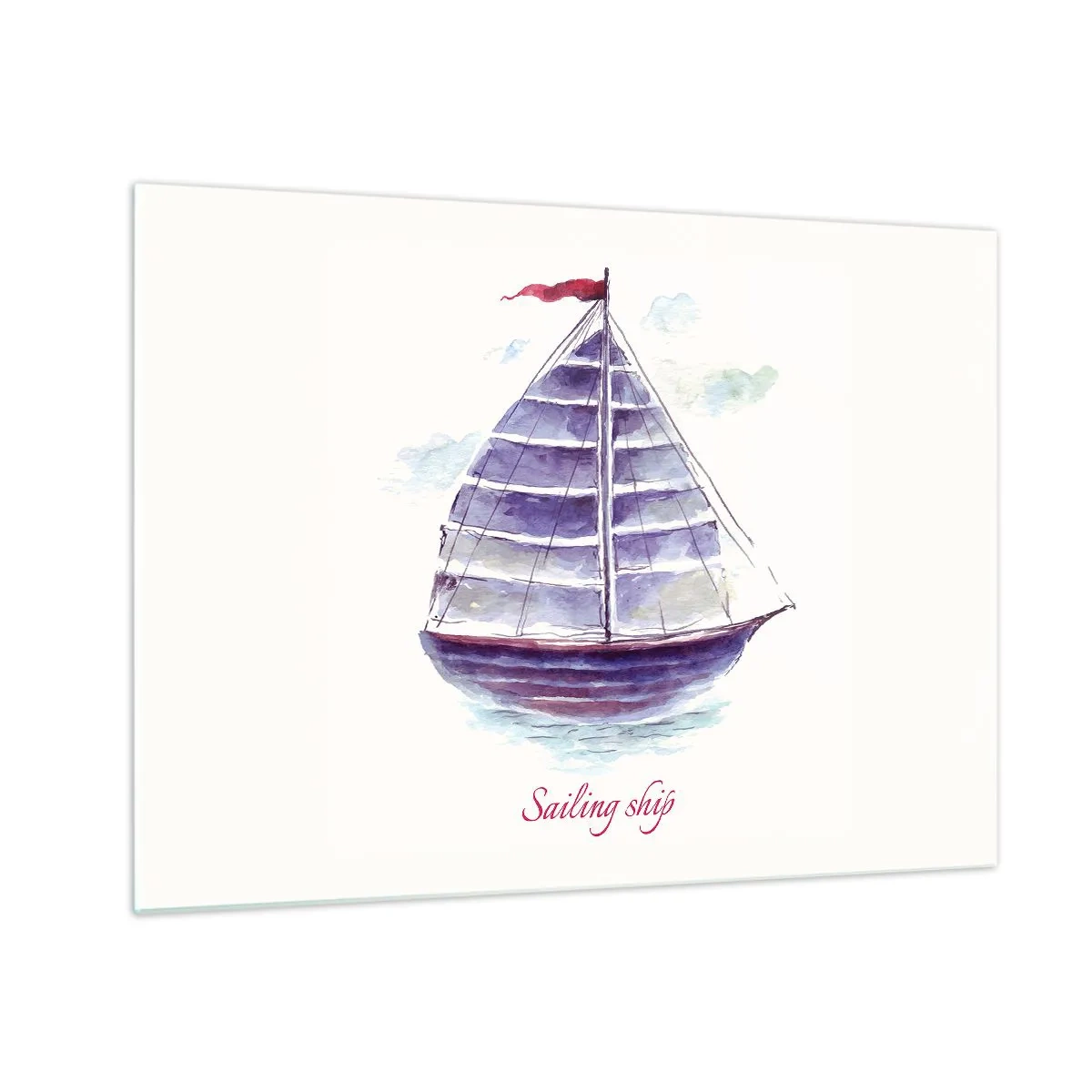 Obraz na szkle - Akwarelowy żaglowiec z napisem Sailing ship - 70x50cm - Pełnych żagli i spokojnej wody - Nowoczesna dekoracja ścienna do salonu i sypialni ARTTOR