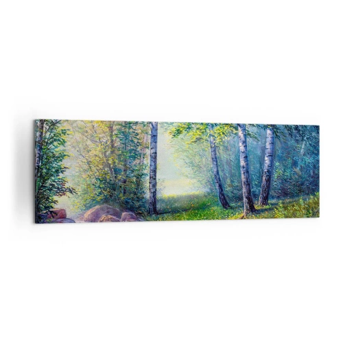 Obraz na płótnie - Leśny strumyk otoczony brzozami i słońcem - 160x50cm - Sielankowa sceneria - Nowoczesna dekoracja ścienna do salonu i sypialni ARTTOR