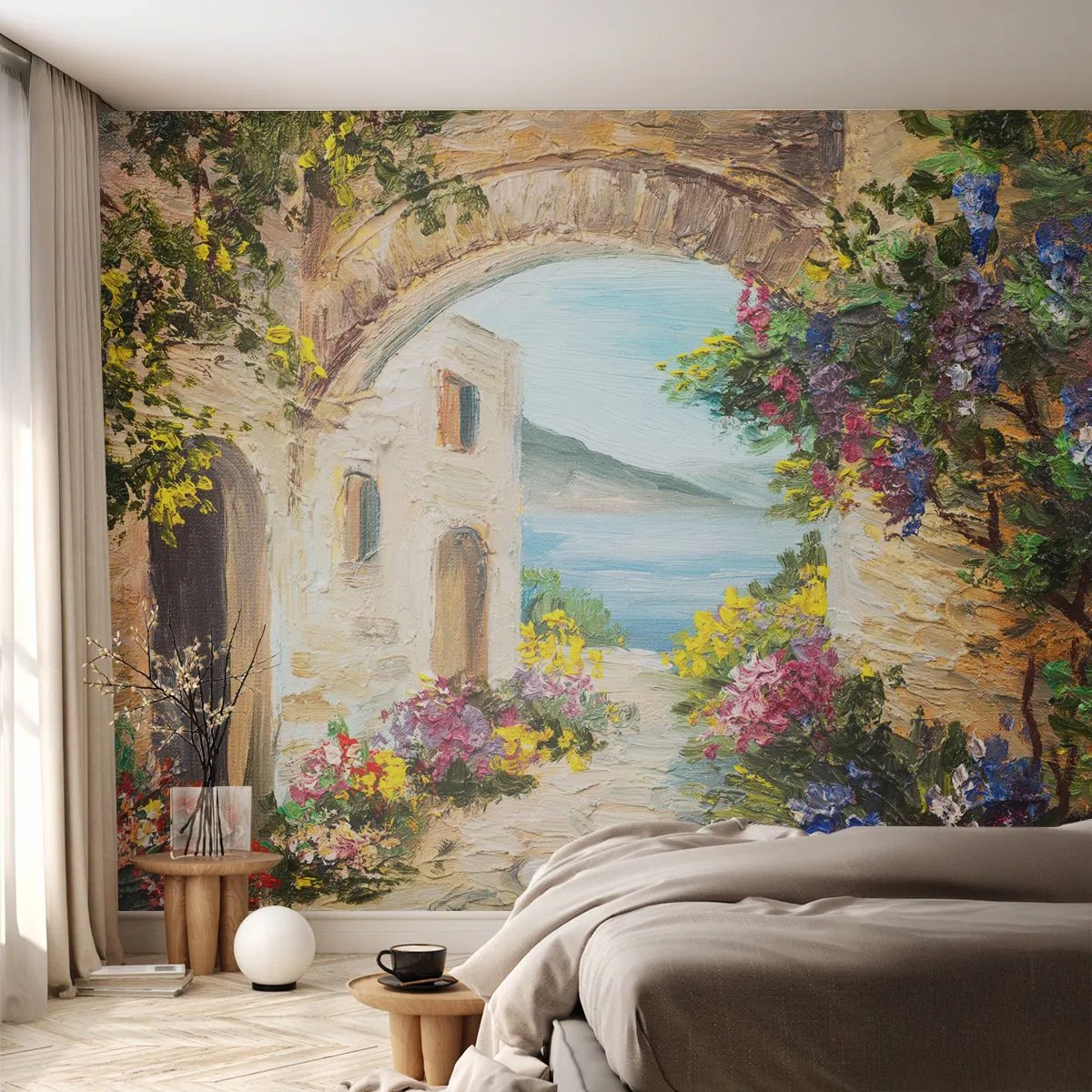 Fototapeta Premium Sand - Malarska sceneria śródziemnomorskiego zaułka z widokiem na morze - 100x70cm - Urok nadmorskiej prowincji - Nowoczesna dekoracja ścienna do salonu, kuchni i sypialni ARTTOR