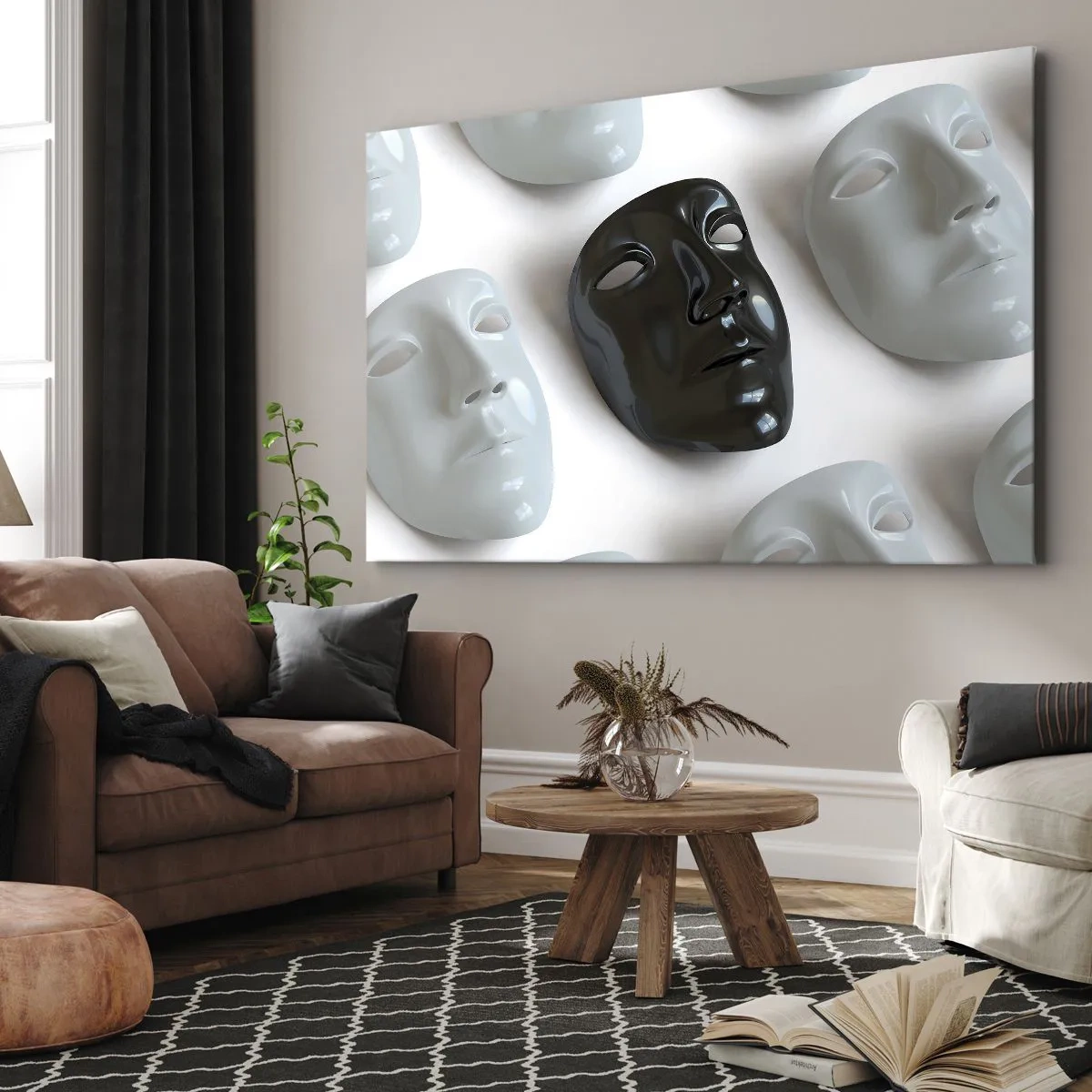 Obraz na płótnie - Czarne i białe maski na jasnym tle - 120x80cm - Jak się wyróżnić? - Nowoczesna dekoracja ścienna do salonu, kuchni i sypialni ARTTOR