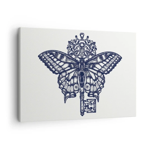 Obraz na płótnie - Stylowa grafika motyla z kluczem w minimalistycznym stylu - 70x50cm - Wszystkie tajemnice serca - Nowoczesna dekoracja ścienna do salonu i sypialni ARTTOR