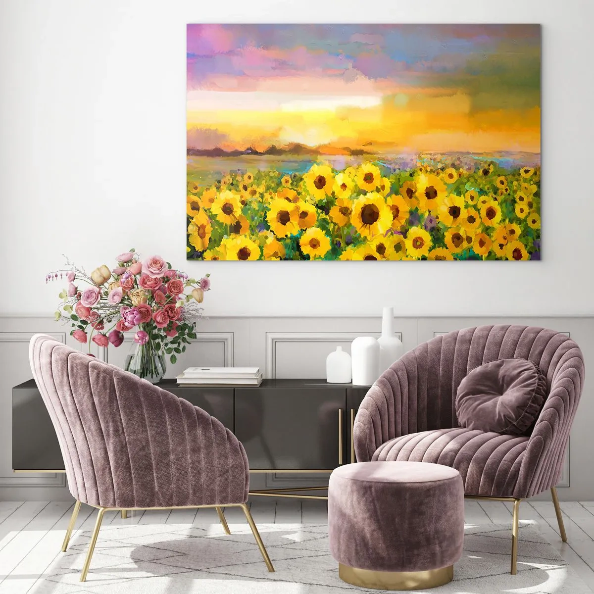 Obraz na szkle - Pole słoneczników w świetle zachodzącego słońca - 70x50cm - Samo słońce zstąpiło na ziemię - Nowoczesna dekoracja ścienna do salonu i sypialni ARTTOR