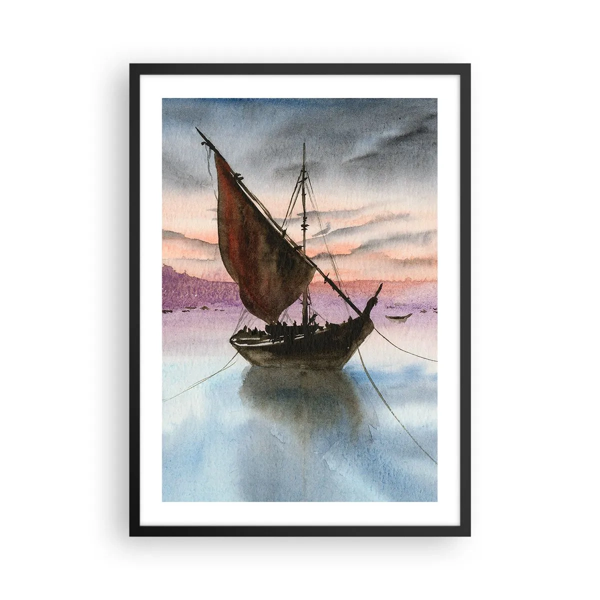 Plakat w czarnej ramie - Żaglowiec na spokojnej wodzie w świetle zachodu słońca - 50x70cm - Wieczór w porcie - Nowoczesna dekoracja ścienna do salonu i sypialni ARTTOR