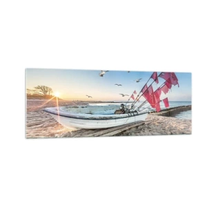 Obraz na szkle - Łódka na plaży o świcie z mewami i czerwonymi flagami - 140x50cm - Zasłużony odpoczynek - Nowoczesna dekoracja ścienna do salonu i sypialni ARTTOR