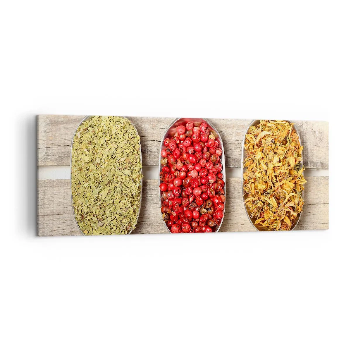 Obraz na płótnie - Trzy metalowe łyżki z przyprawami na drewnianym tle - 140x50cm - Kuchenna magia - Nowoczesna dekoracja ścienna do salonu i sypialni ARTTOR