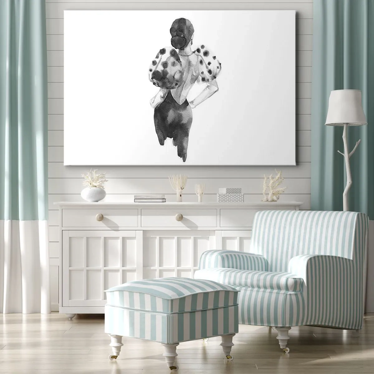 Obraz na płótnie - Minimalistyczna ilustracja kobiety w stylu akwareli - 120x80cm - Przeszła tuż obok - Nowoczesna dekoracja ścienna do salonu, kuchni i sypialni ARTTOR