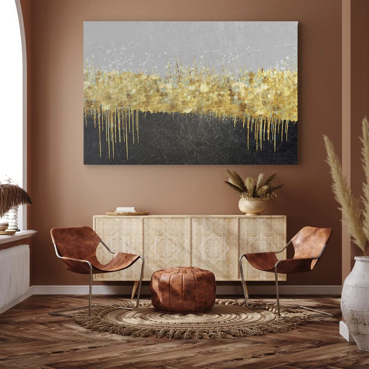 Obraz na płótnie - Abstrakcyjna kompozycja w odcieniach złota i czerni - 70x50cm - W głąb i ku górze - Nowoczesna dekoracja ścienna do salonu i sypialni ARTTOR