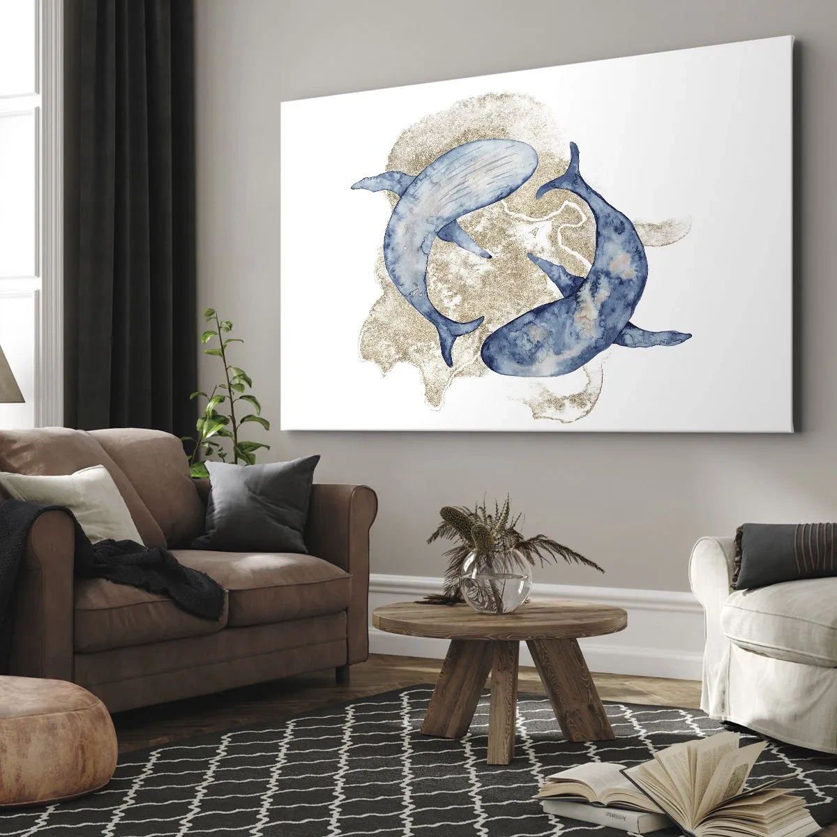 Obraz na płótnie - Przyjaźń czy kochanie? - Abstrakcyjne niebieskie wieloryby na jasnym tle - 70x50cm