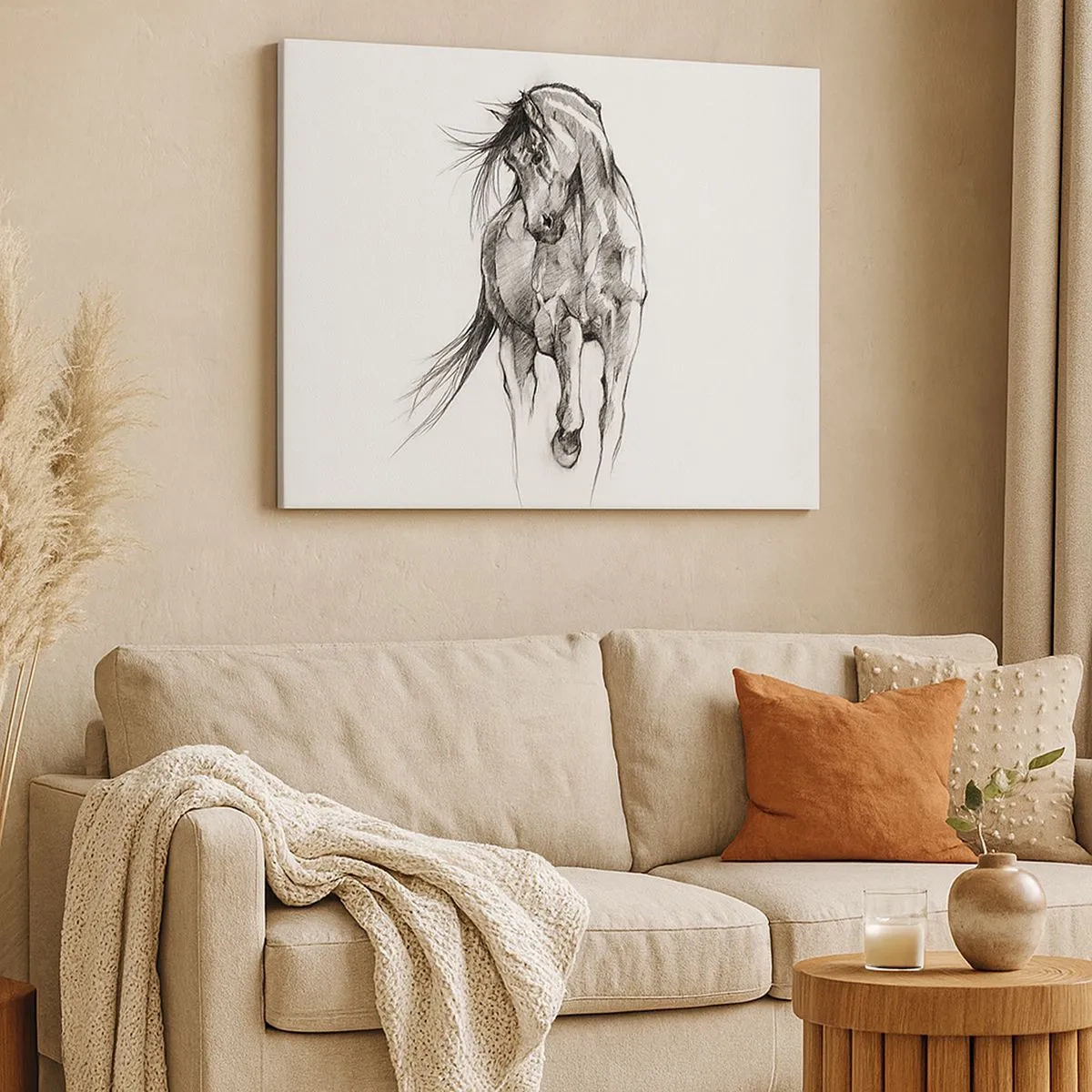 Obraz na płótnie - Szkic galopującego konia w czerni i bieli - 70x50cm - We wdzięcznym kłusie - Nowoczesna dekoracja ścienna do salonu i sypialni ARTTOR