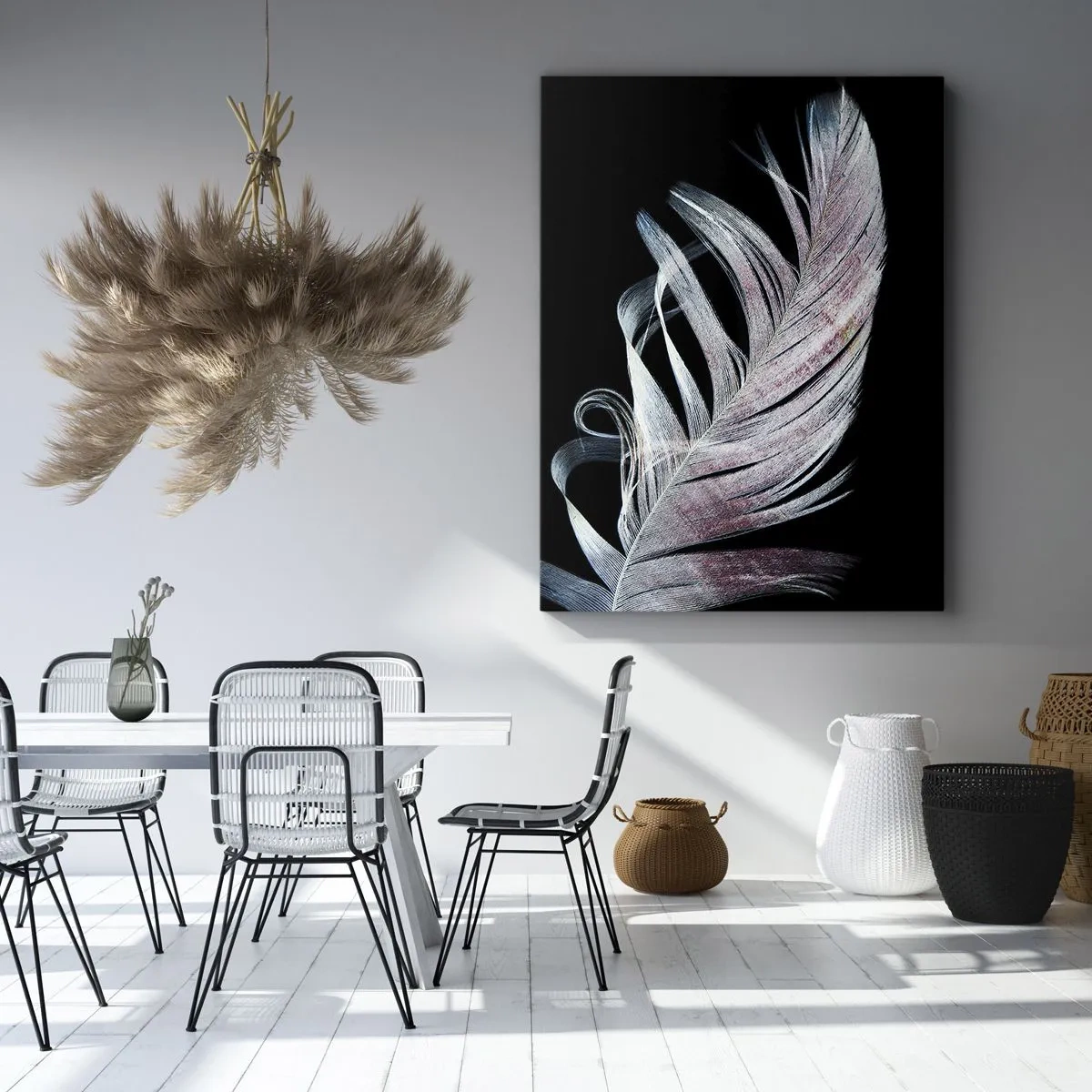 Obraz na płótnie - Delikatne pióro na czarnym tle w artystycznym ujęciu - 70x100cm - Pomyśl o dotyku - Nowoczesna dekoracja ścienna do salonu i sypialni ARTTOR