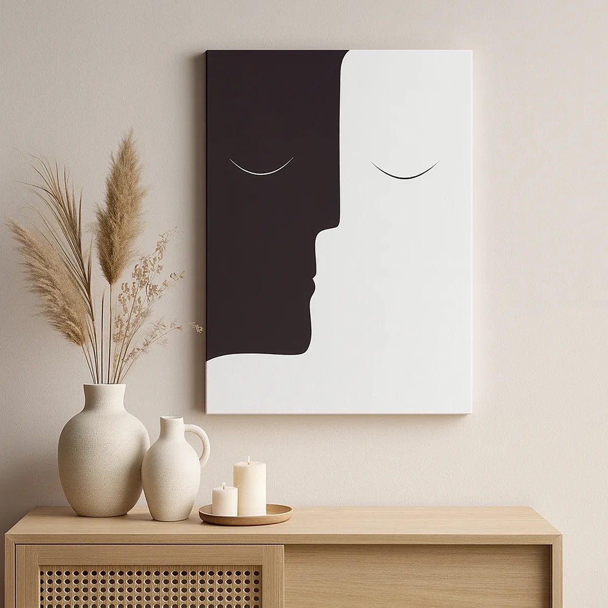 Obraz na płótnie - Minimalistyczna grafika dwóch twarzy w czerni i bieli - 50x70cm - Jedność przeciwieństw - Nowoczesna dekoracja ścienna do salonu, kuchni i sypialni ARTTOR