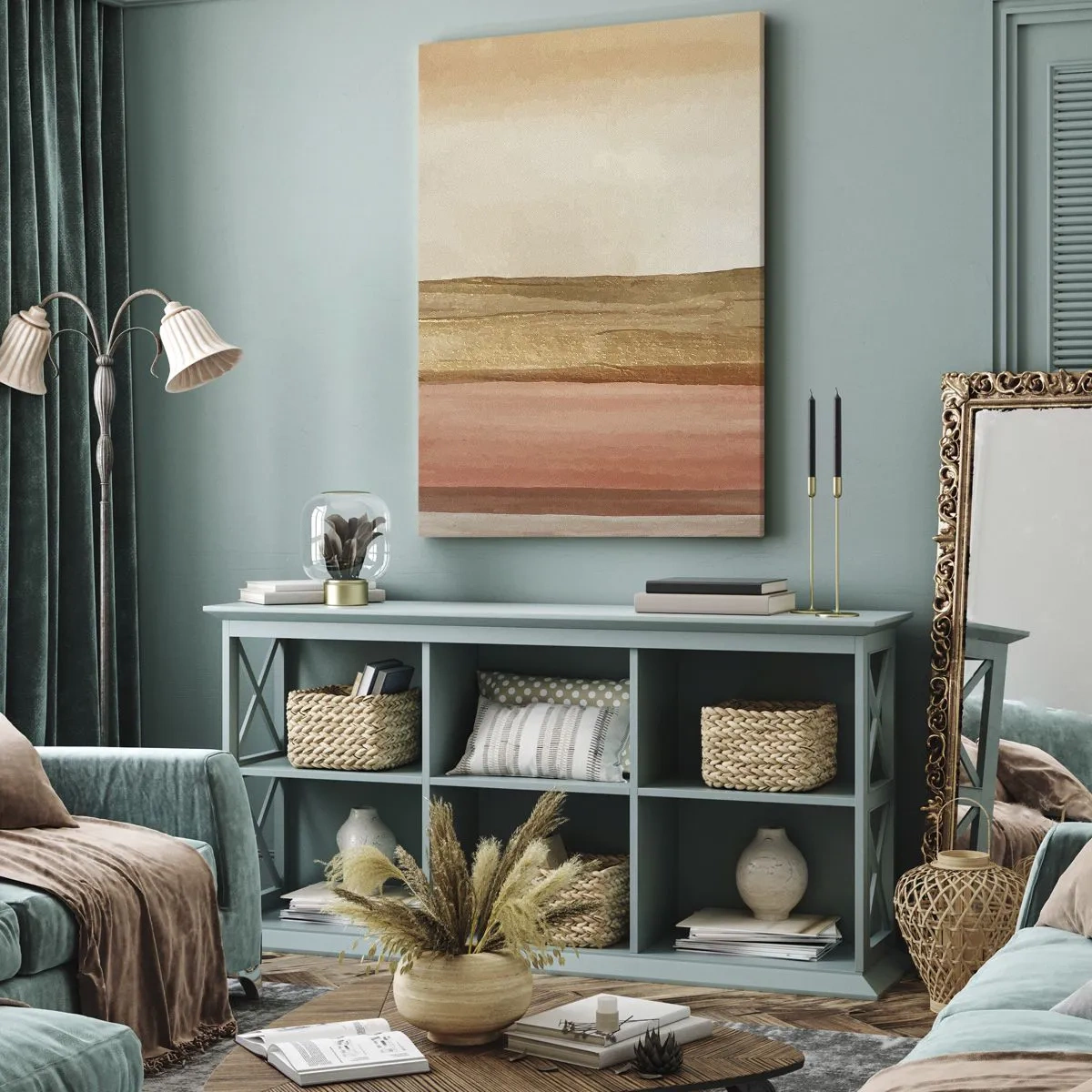Obraz na płótnie - Abstrakcyjna kompozycja w odcieniach beżu i różu - 50x70cm - Kompozycja wertykalna - Nowoczesna dekoracja ścienna do salonu, kuchni i sypialni ARTTOR