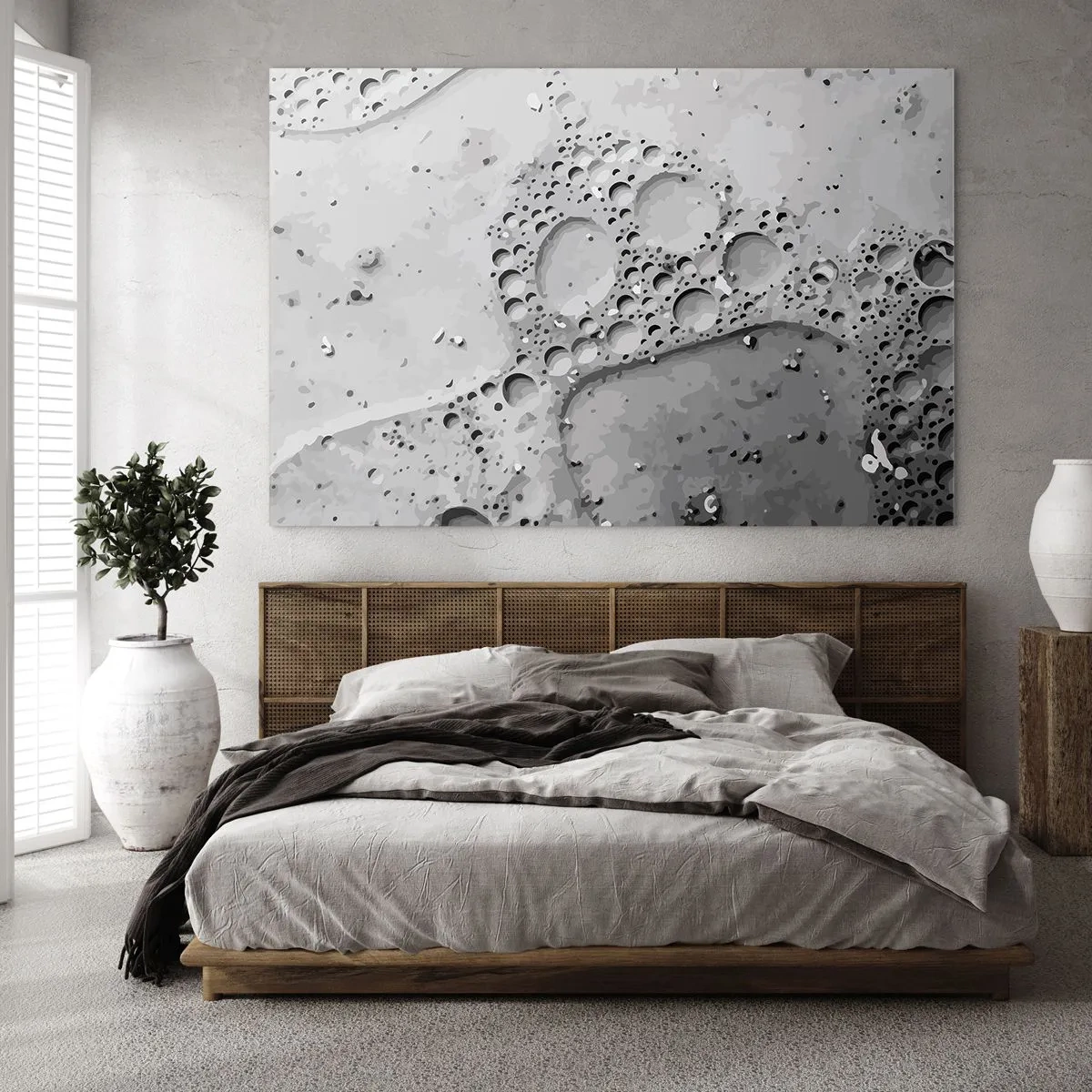 Obraz na szkle - Abstrakcyjny wzór bąbelków na powierzchni w szarych odcieniach - 100x70cm - Slad po spienionym - Nowoczesna dekoracja ścienna do salonu, kuchni i sypialni ARTTOR