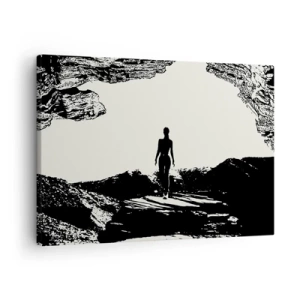 Obraz na płótnie - Czarno-biała sylwetka kobiety w jaskini na tle nieba - 70x50cm - Nowe spojrzenie - Nowoczesna dekoracja ścienna do salonu i sypialni ARTTOR