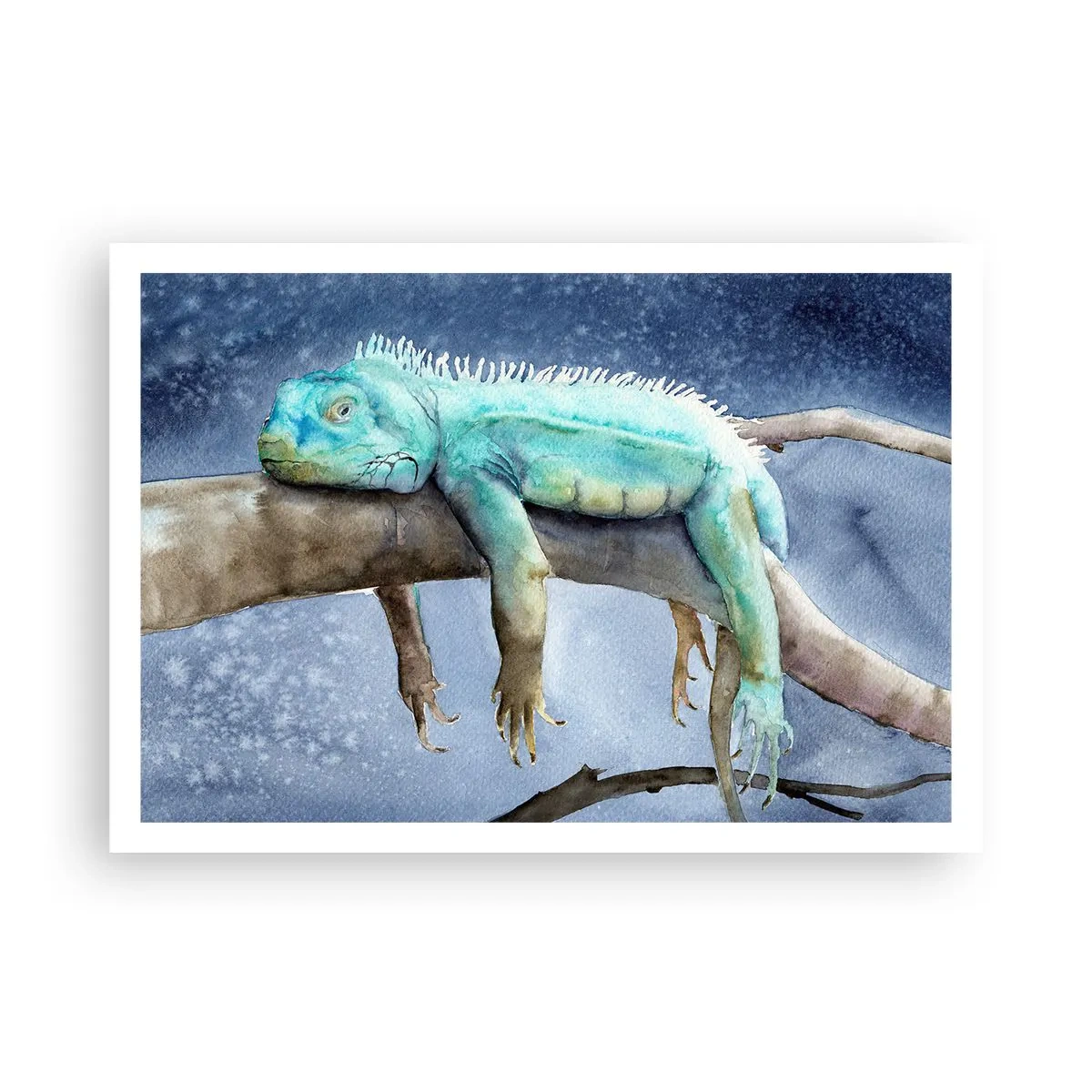Plakat - Błękitna iguana odpoczywająca na gałęzi - 100x70cm - Jest dobrze! - Nowoczesna dekoracja ścienna do salonu i sypialni ARTTOR