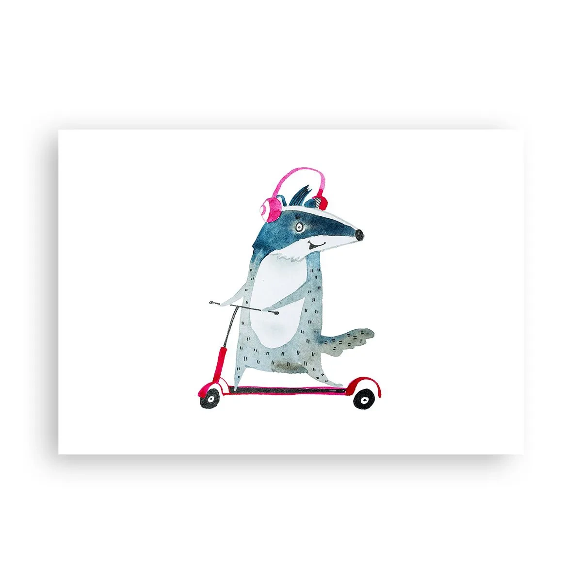 Plakat - Borsuk na hulajnodze z różowymi słuchawkami - 100x70cm - Borsucze radości - Nowoczesna dekoracja ścienna do salonu i sypialni ARTTOR