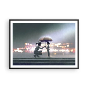 Plakat w czarnej ramie - Postać z parasolem chroniąca dziecko na tle nocnych świateł - 100x70cm - I już jest wszystko dobrze - Nowoczesna dekoracja ścienna do salonu i sypialni ARTTOR