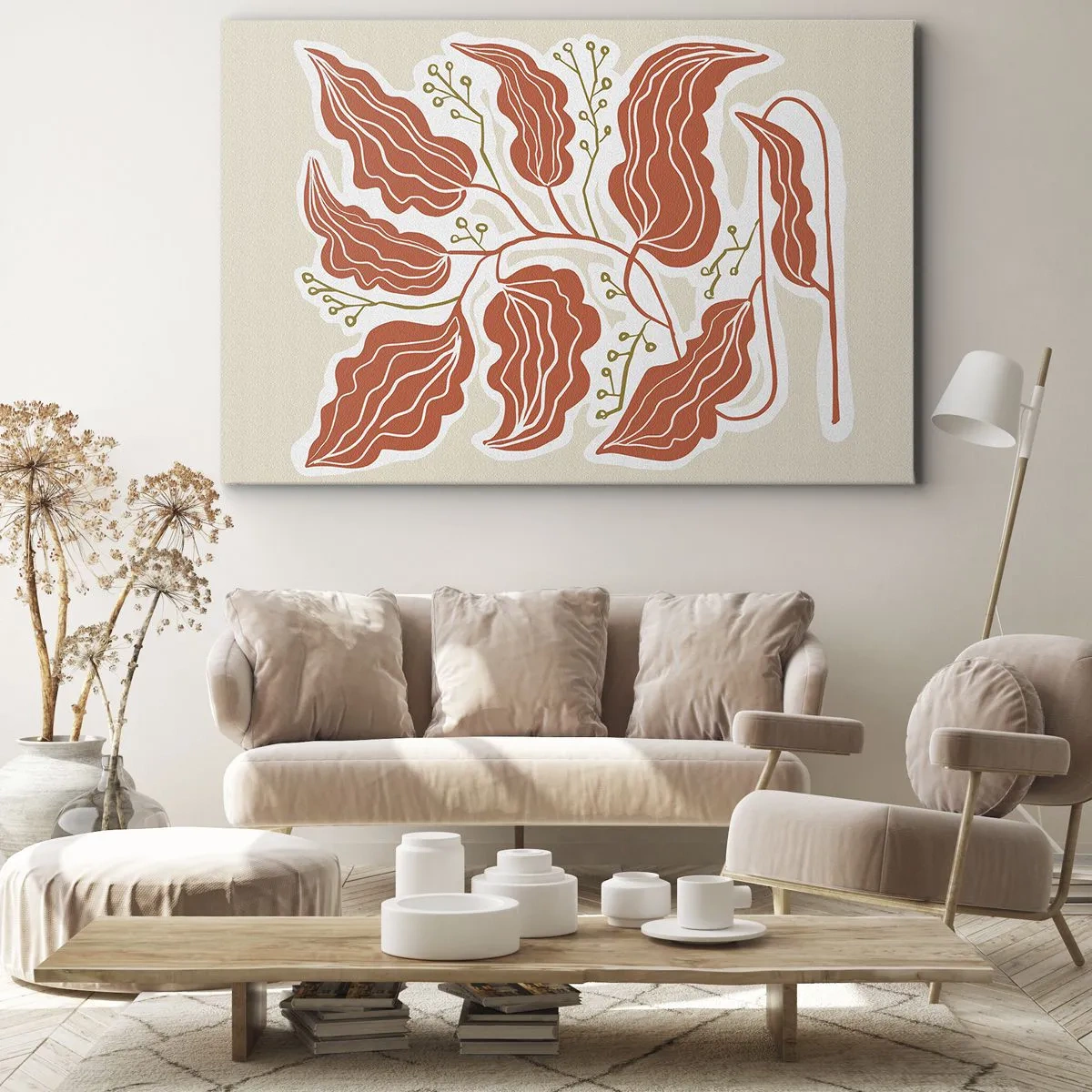 Obraz na płótnie - Minimalistyczny motyw liści w odcieniach pomarańczowego i zielonego - 70x50cm - Ludowo i koralowo - Nowoczesna dekoracja ścienna do salonu i sypialni ARTTOR