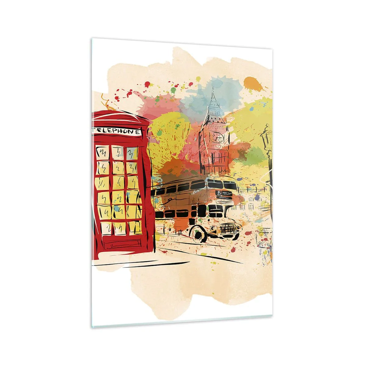 Obraz na szkle - Czerwona budka telefoniczna, piętrowy autobus i Big Ben - 50x70cm - Miasto rozmaitości - Nowoczesna dekoracja ścienna do salonu, kuchni i sypialni ARTTOR