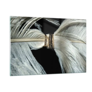 Obraz na szkle - Zbliżenie obrączek na białych piórach na czarnym tle - 120x80cm - ...i nie opuszczę Cię… - Nowoczesna dekoracja ścienna do salonu, kuchni i sypialni ARTTOR