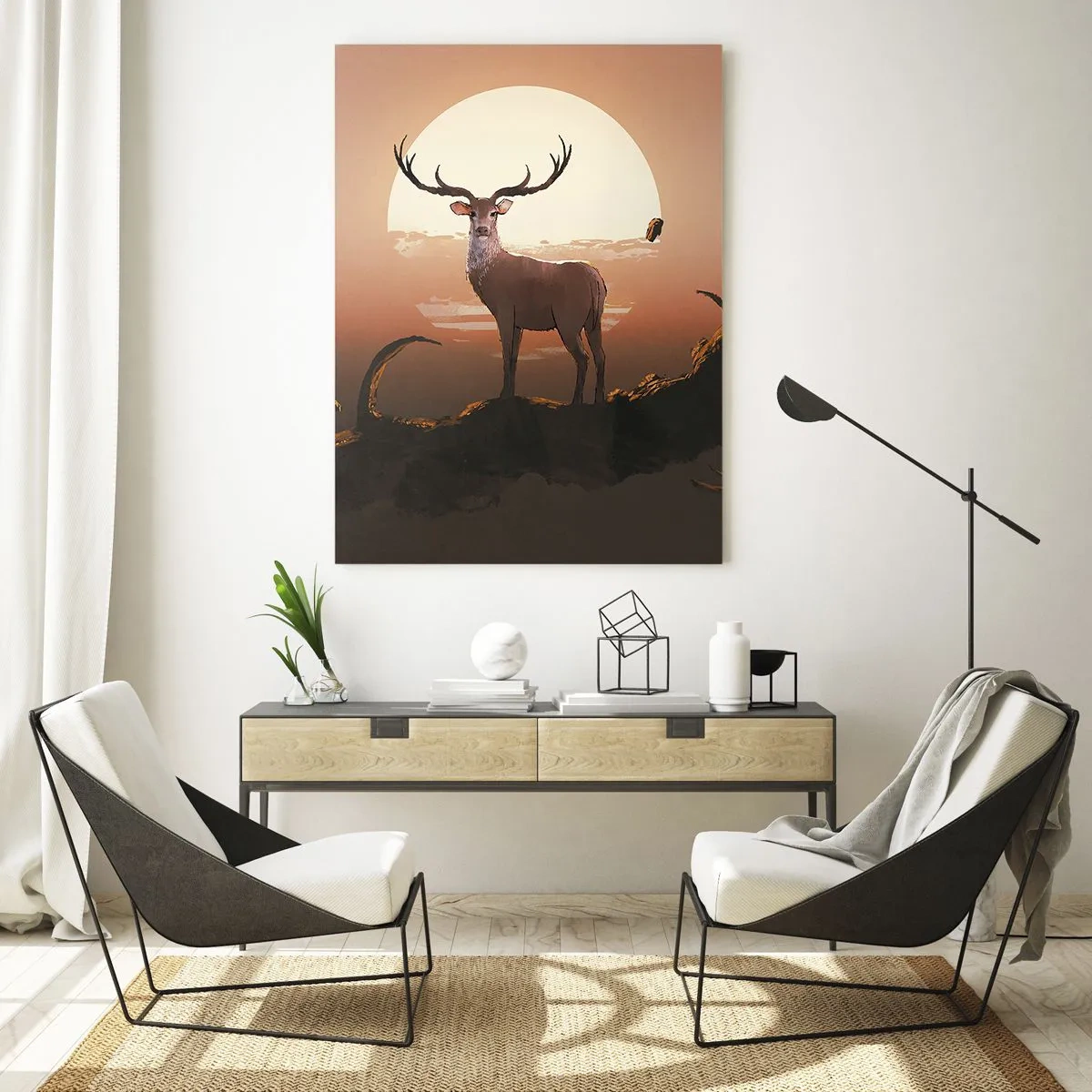 Obraz na szkle - Sylwetka jelenia na tle dużego księżyca w otoczeniu gałęzi - 50x70cm - Ta noc do innych jest niepodobna - Nowoczesna dekoracja ścienna do salonu, kuchni i sypialni ARTTOR