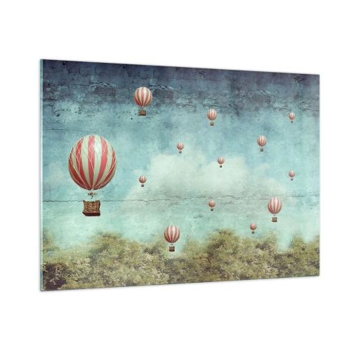 Obraz na szkle - Balony unoszące się nad zielonym krajobrazem - 100x70cm - Wolni od zgiełku życia - Nowoczesna dekoracja ścienna do salonu, kuchni i sypialni ARTTOR