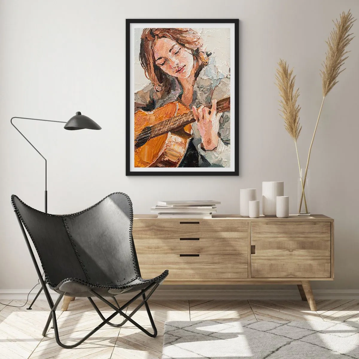 Plakat w czarnej ramie - Portret kobiety grającej na gitarze w stylu impasto - 50x70cm - Koncert na gitarę i dziewczęce serce - Nowoczesna dekoracja ścienna do salonu i sypialni ARTTOR