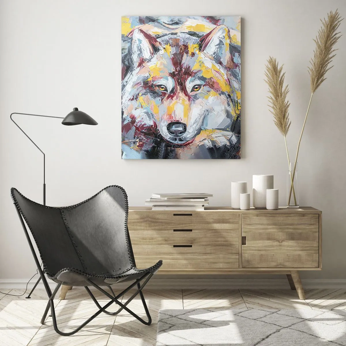 Obraz na szkle - Artystyczny portret wilka w intensywnych kolorach - 70x100cm - Spokój wśród bliskich - Nowoczesna dekoracja ścienna do salonu i sypialni ARTTOR