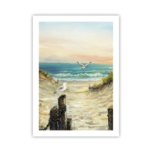 Plakat - Plaża z mewami i falami o zachodzie słońca - 50x70cm - Bezwietrzne zacisze - Nowoczesna dekoracja ścienna do salonu, kuchni i sypialni ARTTOR