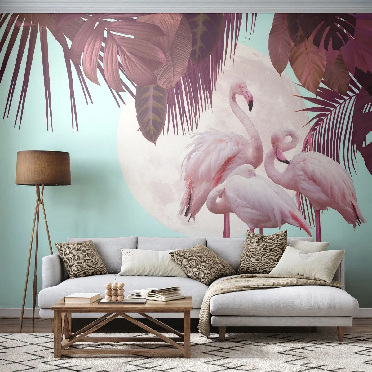 Fototapeta Premium Sand - Trzy flamingi na tle pełni księżyca i tropikalnych liści - 100x70cm - Trzy ptasie gracje - Nowoczesna dekoracja ścienna do salonu, kuchni i sypialni ARTTOR