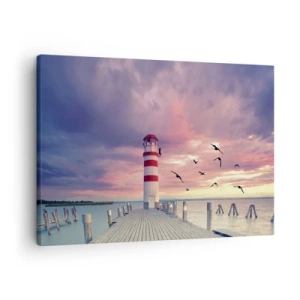 Obraz na płótnie - Latarnia morska na molo w otoczeniu malowniczego zachodu słońca - 70x50cm - Pora do portu - Nowoczesna dekoracja ścienna do salonu i sypialni ARTTOR