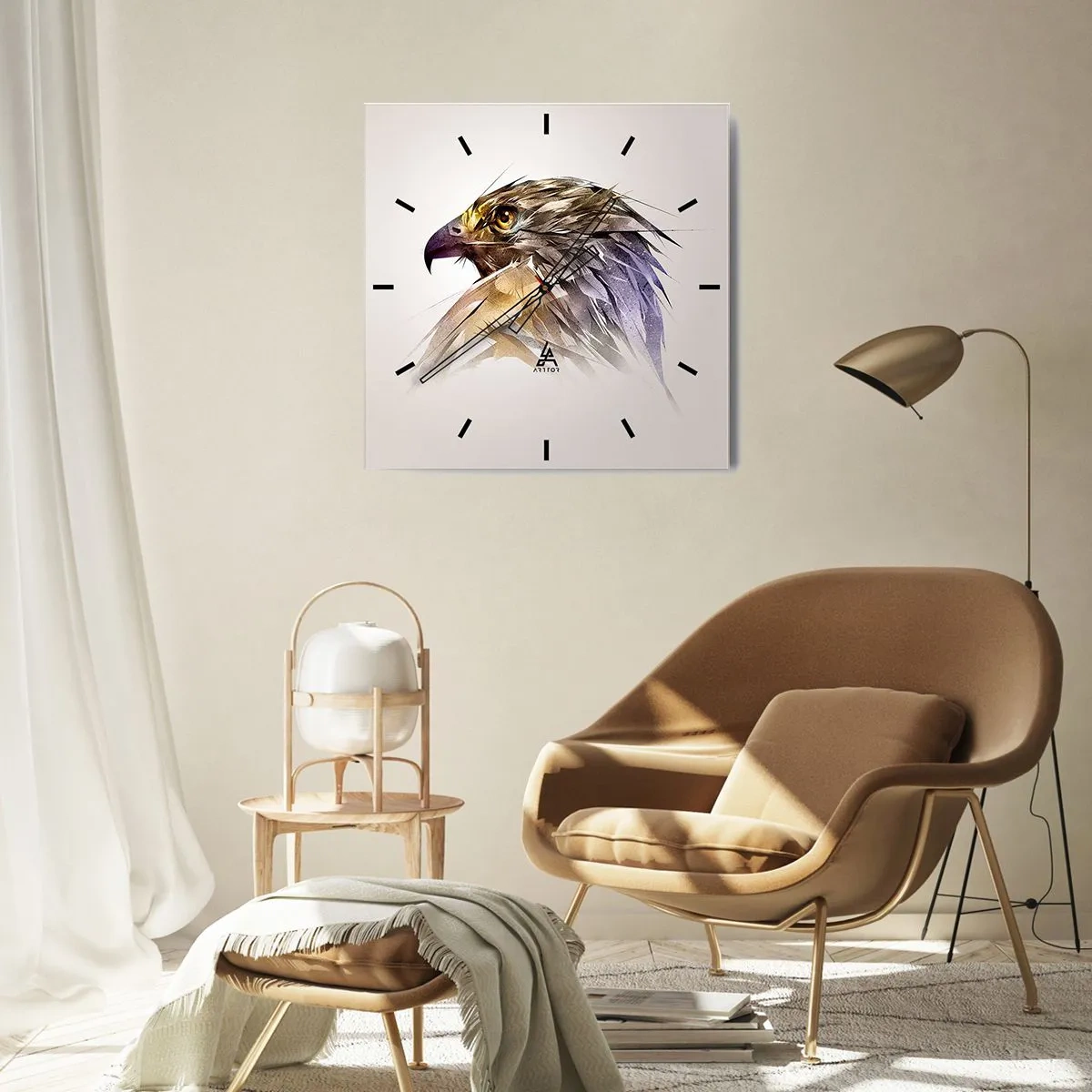 Zegar ścienny - Artystyczny portret orła w pastelowych odcieniach - 30x30cm - Portret wojownika - Nowoczesna dekoracja ścienna do salonu i sypialni ARTTOR