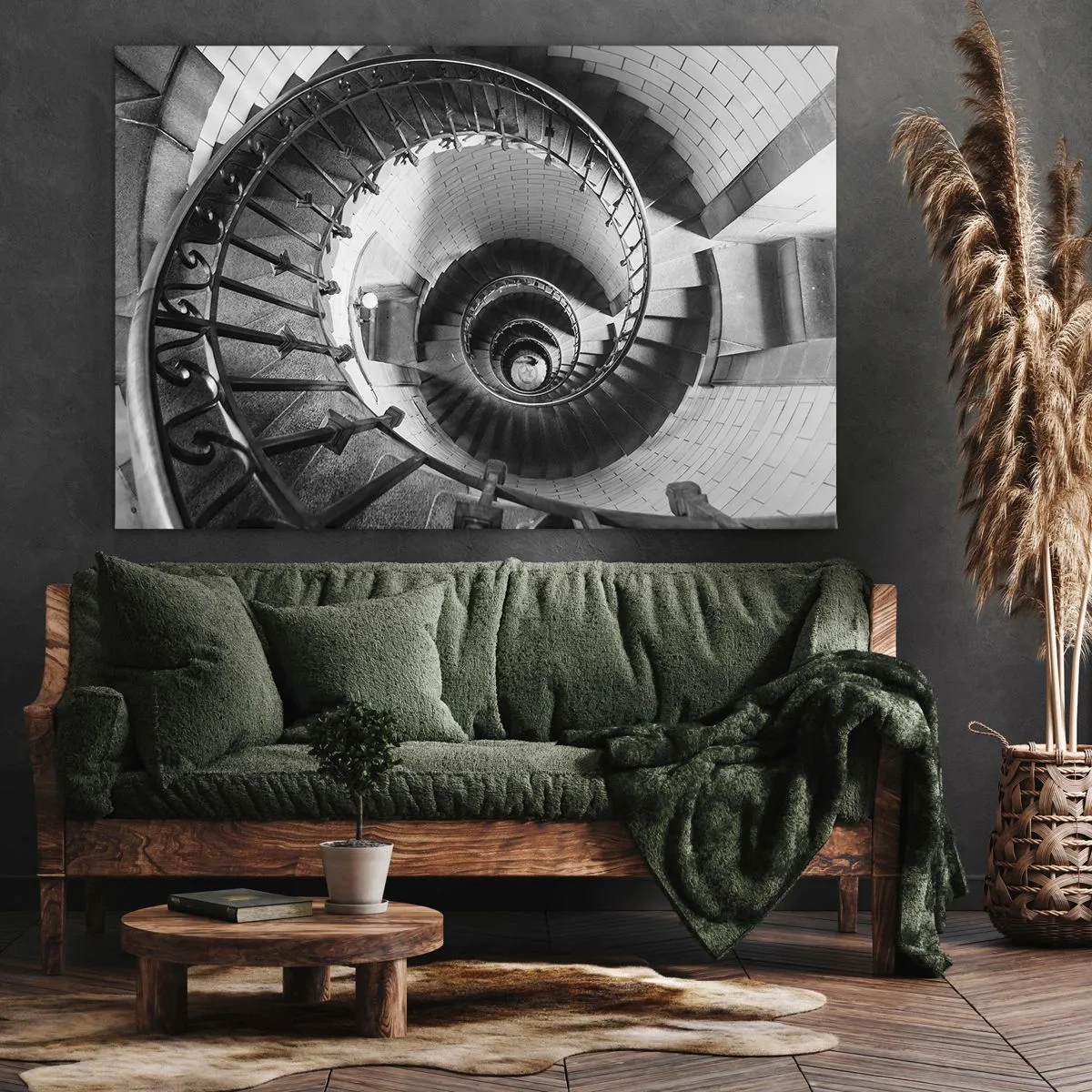 Obraz na płótnie - Czarno-biała fotografia spiralnych schodów z perspektywą z góry - 70x50cm - Wyżej i wyżej - Nowoczesna dekoracja ścienna do salonu i sypialni ARTTOR